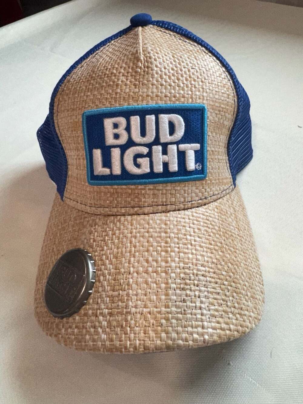 Bud Light Trucker Hat Woven Straw Look Blue Mesh Bottle Opener Adjustable